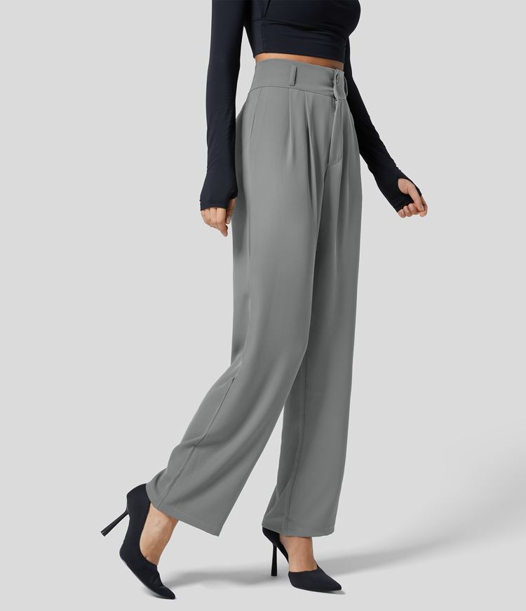 High Waisted Shirred Back Side Pocket Plicated Solid Straight Leg Work Suit Pants | HALARA