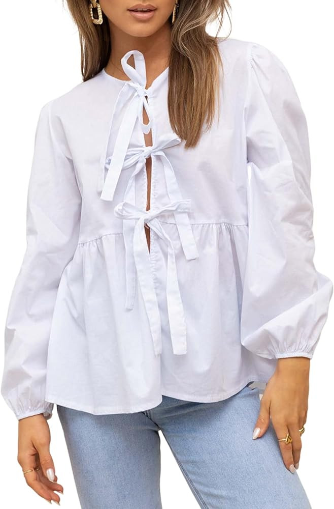 Women's Bow Tie Front Babydoll Blouse Long Sleeve Peplum Ruffle Hem Reversible Shirts Summer Tops | Amazon (US)