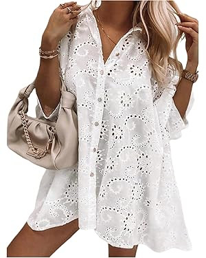 SOLY HUX Women's Button Down Shirts 3/4 Sleeve Collared Eyelet Flowy Vacation Blouse Oversized To... | Amazon (US)