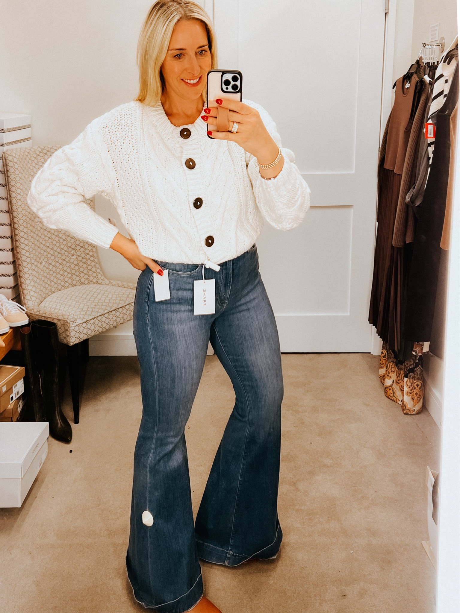 Nordstrom Anniversary Sale
Free People Cardigan sweater - can size down. Super soft, cotton, wooden buttons. 

Frame flare jeans. Super stretchy, high rise, flare. Run long! Rung big, size down. 

Blondo waterproof boots



#LTKxNSale #LTKStyleTip #LTKSummerSales