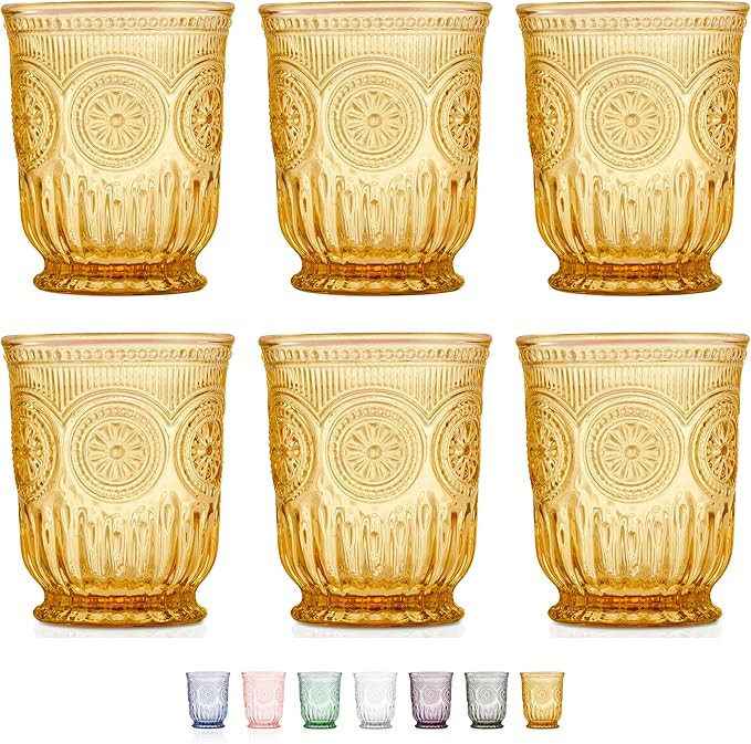 Yungala Amber drinking glasses set of 6 amber glassware cups, 8 oz small water glasses hobnail di... | Amazon (US)