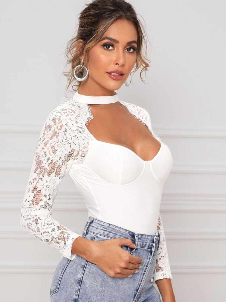 Open Back Lace Panel Fitted Bodysuit | SHEIN