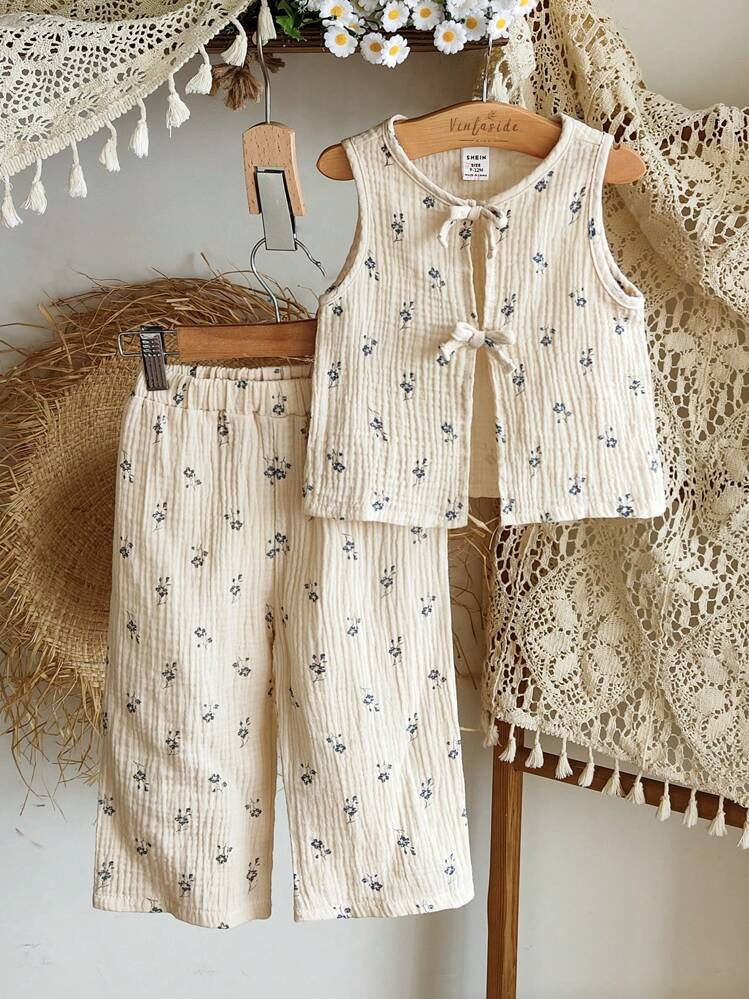 SHEIN Vintaside Kids 2-Piece Baby Girl Casual Fashion Textured Fabric Bow Sleeveless Top And Pant... | SHEIN