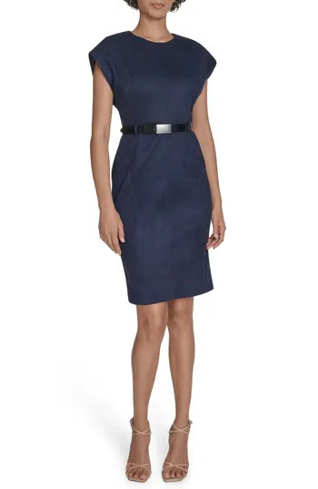 Calvin Klein Cap Sleeve Belted Faux Suede Sheath Dress in Indigo at Nordstrom Rack, Size 6 | Nordstrom Rack