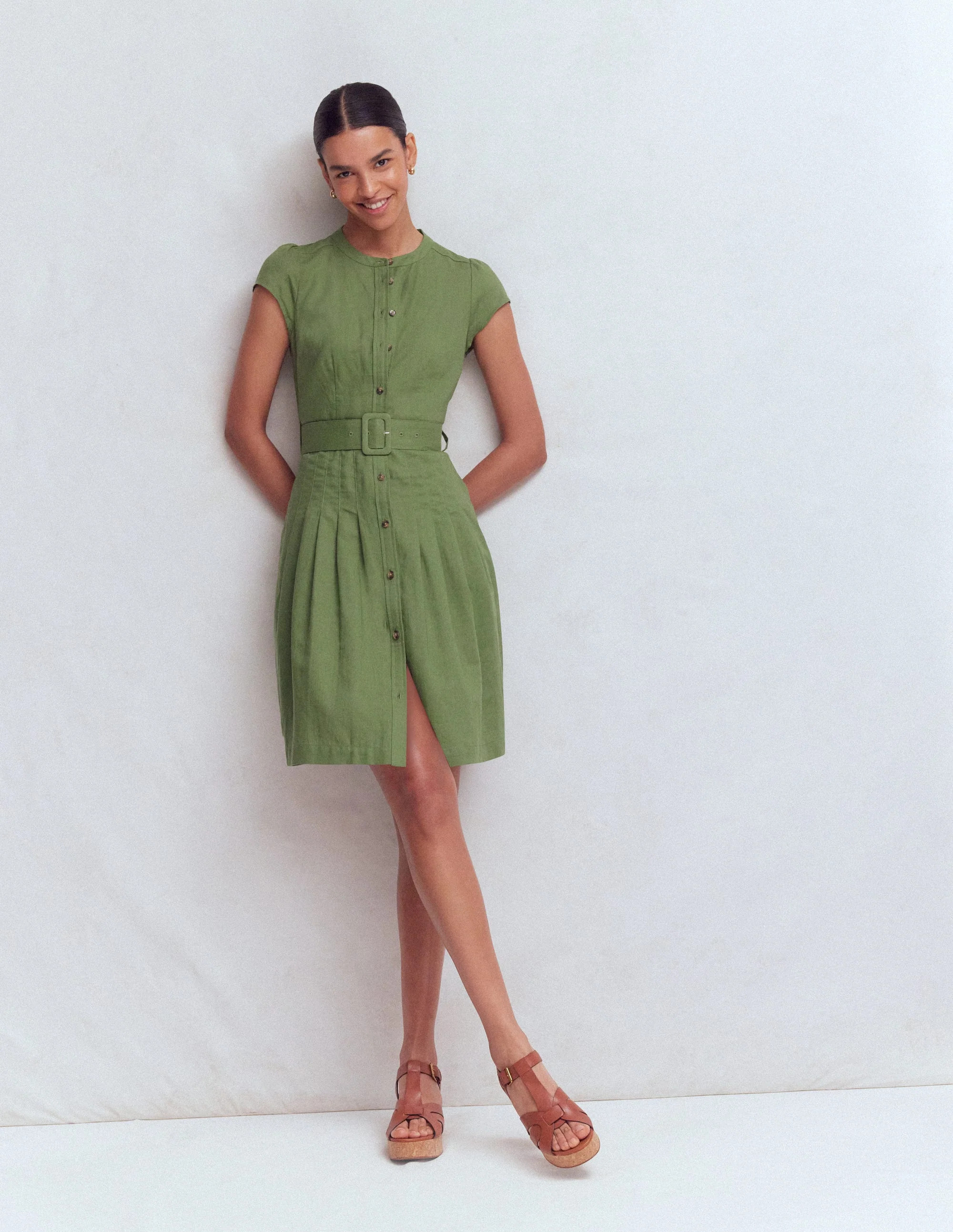 Arabella Short Linen Dress-Safari Green | Boden (US)