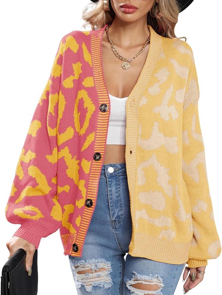Raikamitu Womens Oversized Cardigan Sweater,Long Sleeve Button Down Leopard Colorblock Knit Cardi... | Amazon (US)
