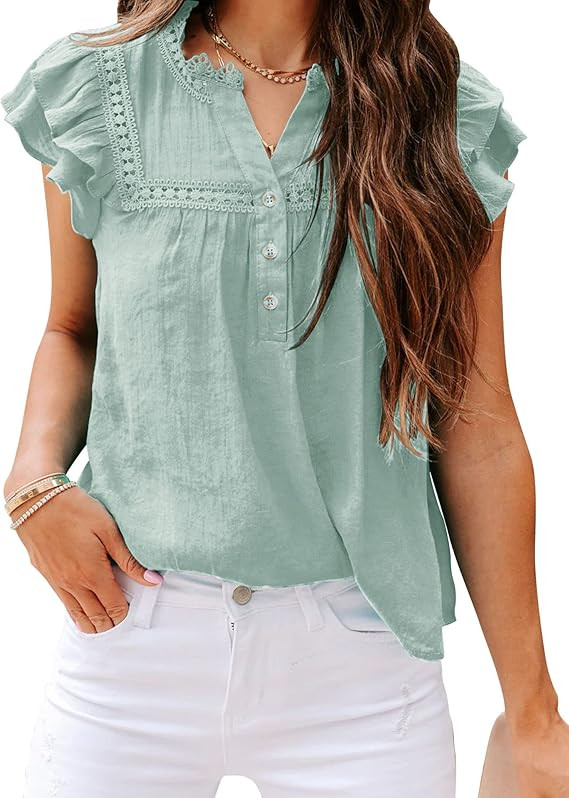 PRETTODAY Women's V Neck Lace Crochet Shirts Button Down Short Sleeve Casual Blouse Tops | Amazon (US)