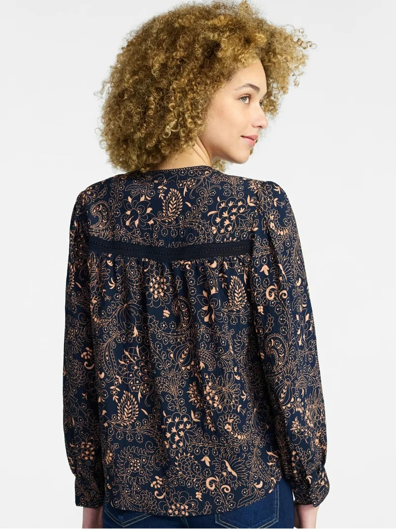 Time and Tru Women's Lace Yoke Shirt with Long Sleeves Sizes XS-XXXL | Walmart (US)
