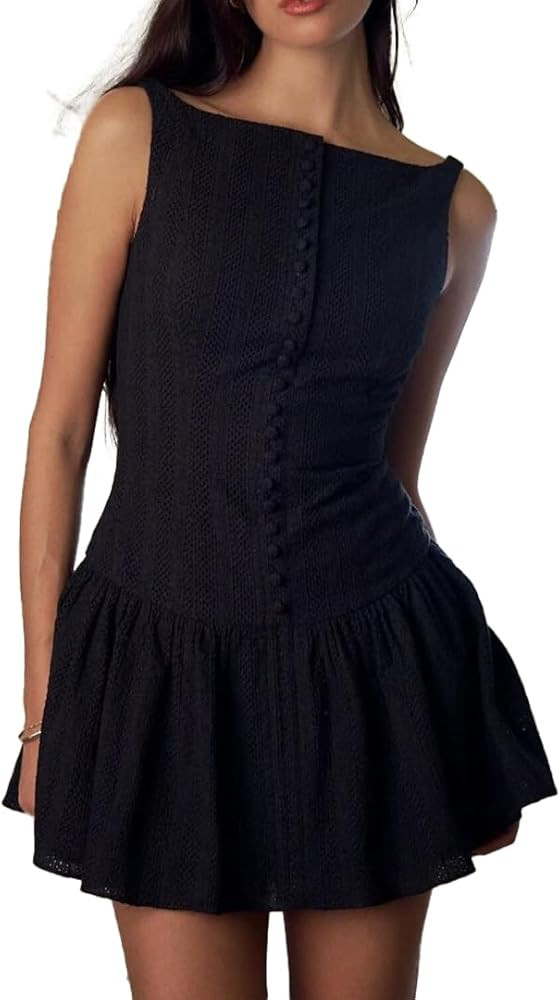 Women Elegant Mini Dress Button Down Sleeveless A-line Lace Embroidery Flowy Mini Dress Sundress ... | Amazon (US)