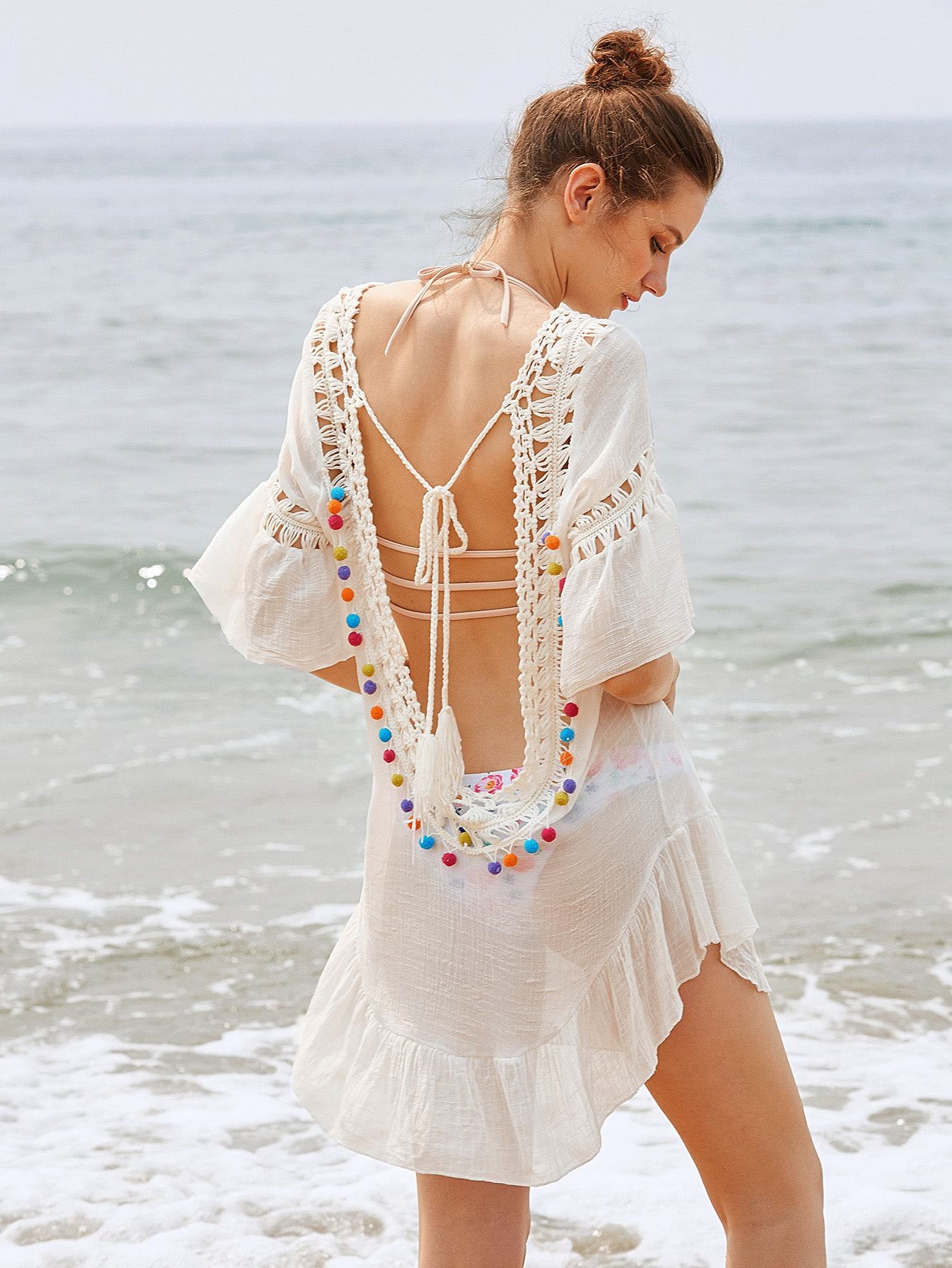 Crochet Insert Backless Tassel Tie Pom Pom Cover Up | SHEIN