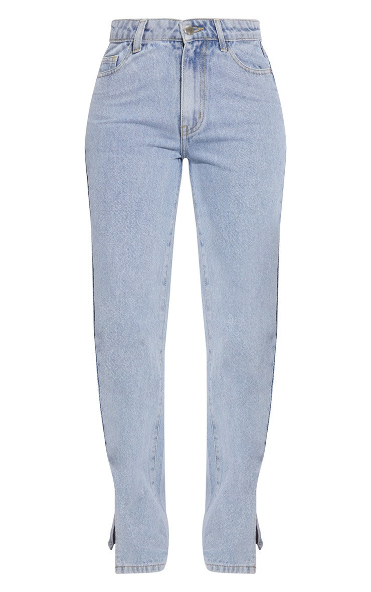 Petite Light Blue Dip Waist Split Hem Denim Jeans | PrettyLittleThing UK