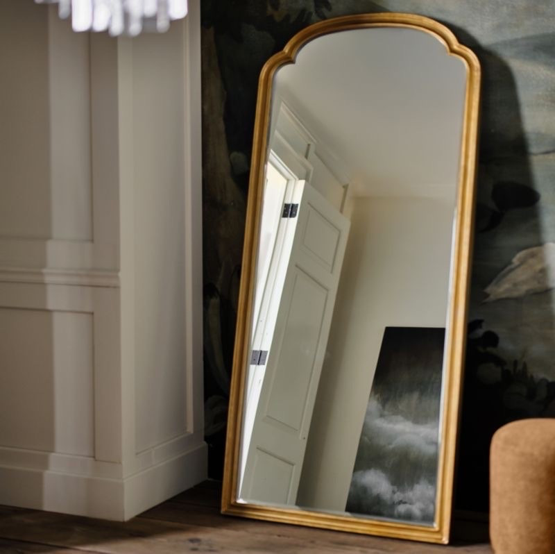 Crate and Barrel Brookhaven Brass Metal Arch Floor Mirror 75"x35", home furnishings, home accessories, living room, bedroom, Memorial Day sale