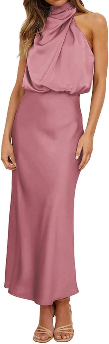 IDOPIP Women Elegant Satin Dress Sleeveless Halter Prom Party Gown Cocktail Bridesmaid Wedding Gu... | Amazon (US)