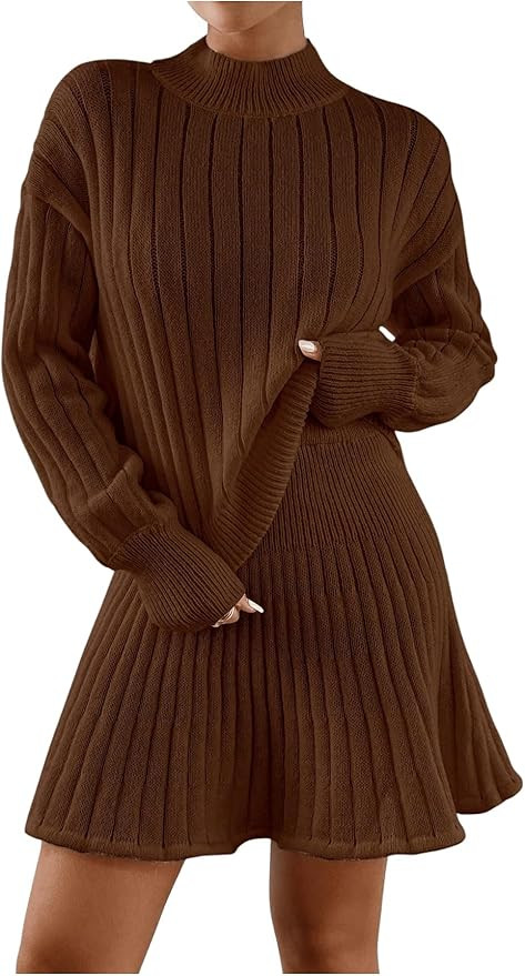 MakeMeChic Women's Sweater Skirt Sets 2 Piece Outfits Ribbed Knit Mock Neck Sweater Pullovers A L... | Amazon (US)