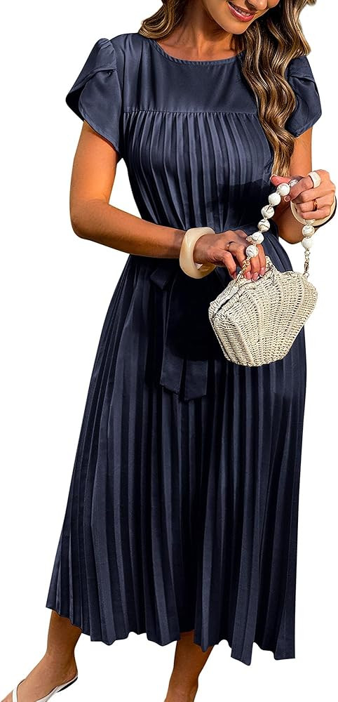 ECOWISH Women Pleated Maxi Dress Casual Cap Sleeve Summer Pocket Flowy Swing Long Dresses Baggy B... | Amazon (US)