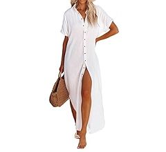 Herseas Womens Casual Short Sleeve Button Down Dress Side Split Long Kimonos Cardigans Swimsuit C... | Amazon (US)