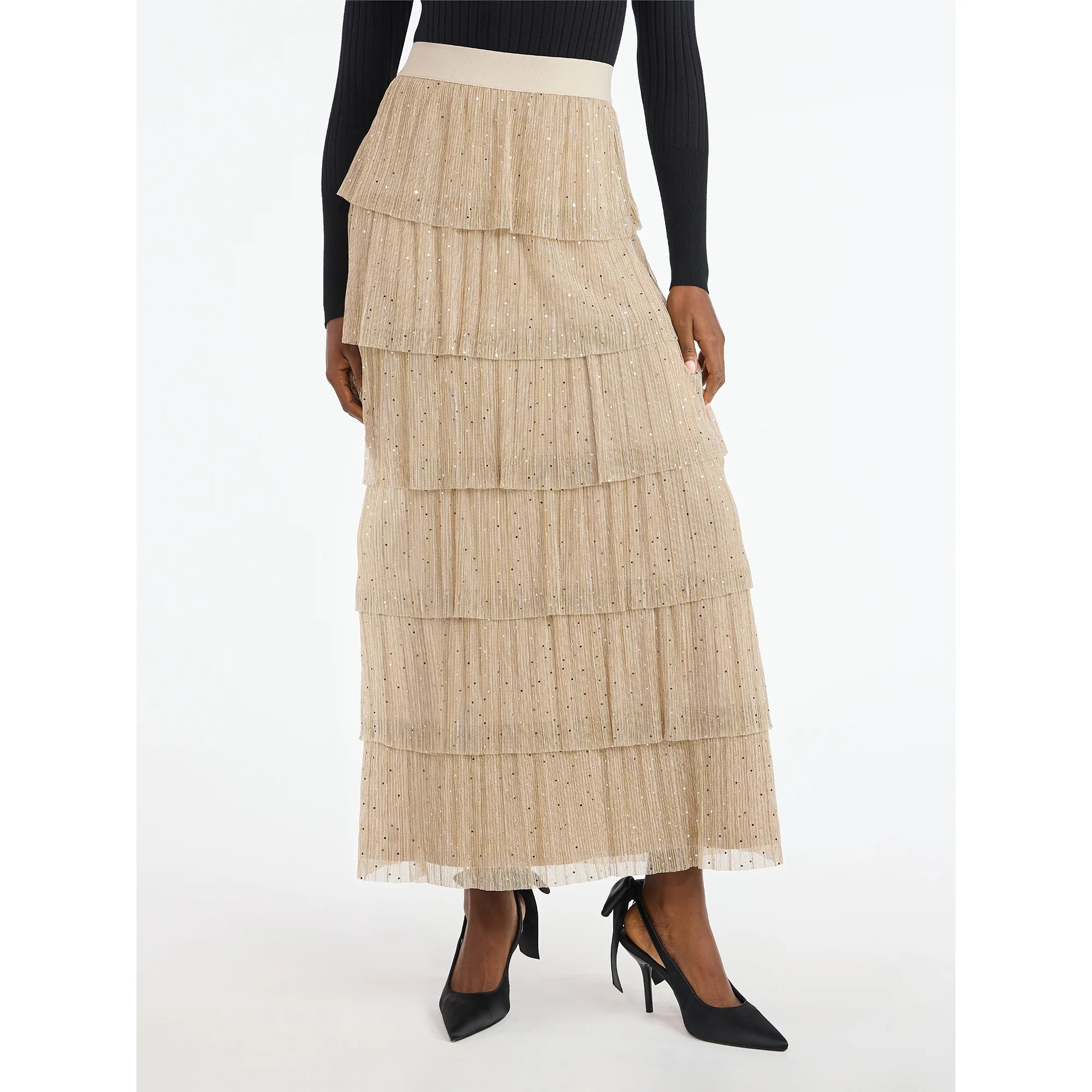Scoop Women's and Women's Plus Glitter Ruffle Maxi Skirt, Sizes XS-4X | Walmart (US)