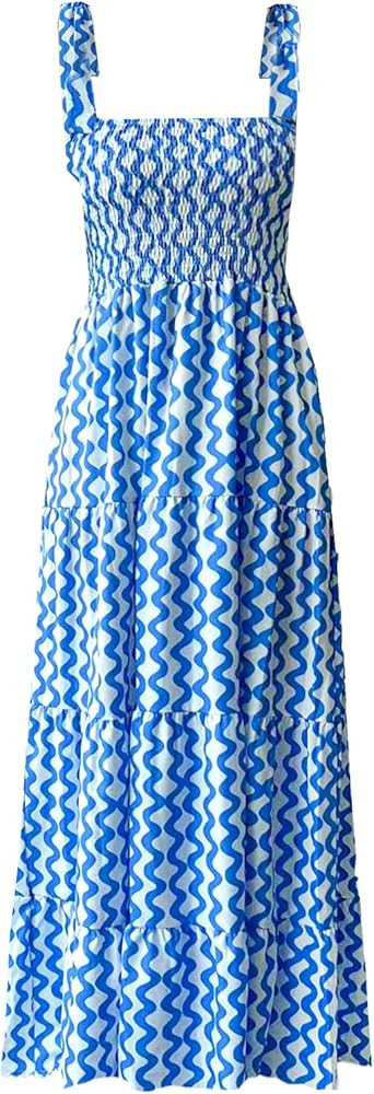 kinstell Women's Summer Boho Spaghetti Strap Square Neck Ruffle Casual Flowy Long Dress Beach Swing Party Maxi Dress | Amazon (US)