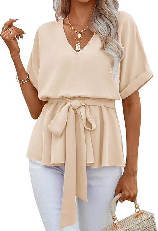 FSHAOES Womens Summer Short Sleeve Blouses V Neck Peplum T-Shirts Tops | Amazon (US)