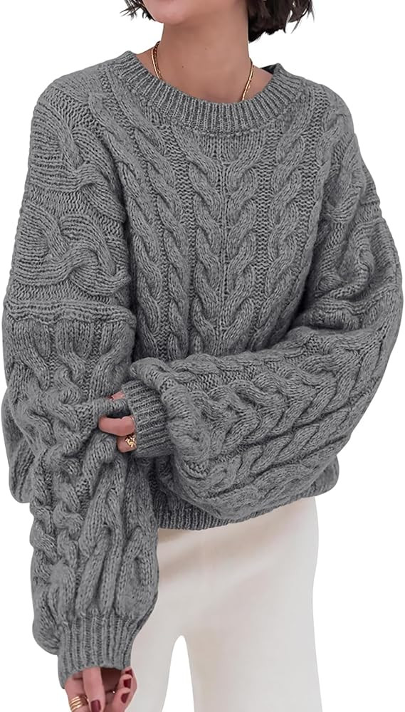PRETTYGARDEN Womens Sweaters Spring 2026 Cable Knit Long Sleeve Crewneck Oversized Sweater Chunky... | Amazon (US)
