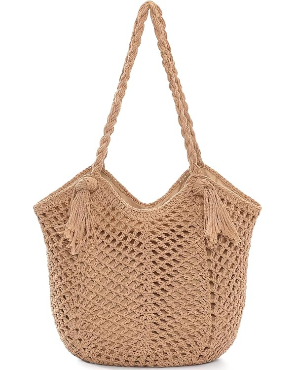 Pleneal Crochet Beach Bag, Summer Woven Tote Bag with Lining, Soft Purse Shoulder Bags for Vacati... | Amazon (US)
