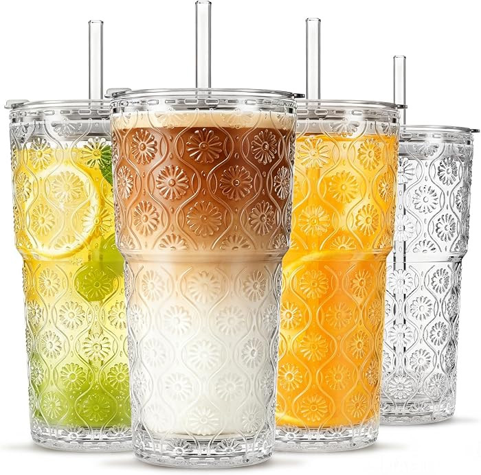 INSETLAN 20oz Begonia Flower Glass Tumbler Set of 4 \u2013 Thickened Glass Cups with Lids and Gla... | Amazon (US)