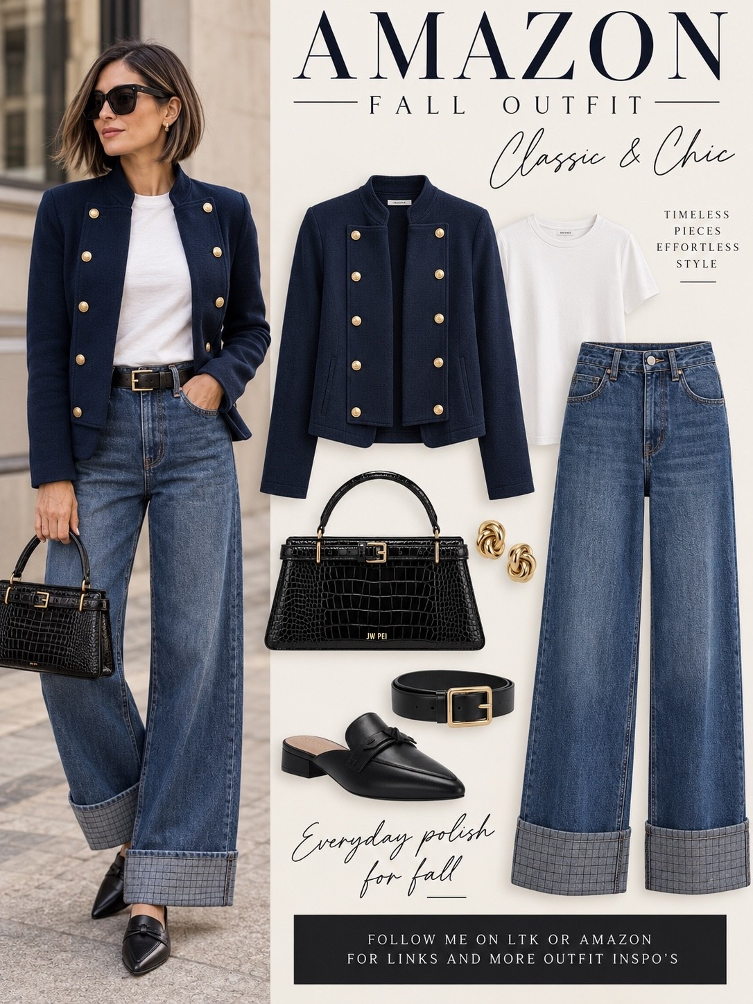 There’s something about mixing tailored pieces with relaxed silhouettes that makes an outfit feel effortlessly chic. The navy jacket with its gold button detailing brings a touch of classic sophistication, while the oversized, cuffed denim adds a more casual, modern feel.

I especially love how the structured croc-embossed handbag and sleek loafer mules pull everything together. A little preppy, a little polished, and perfectly relaxed.

Proof that you don’t have to choose between comfort and looking put together.

All from Amazon!