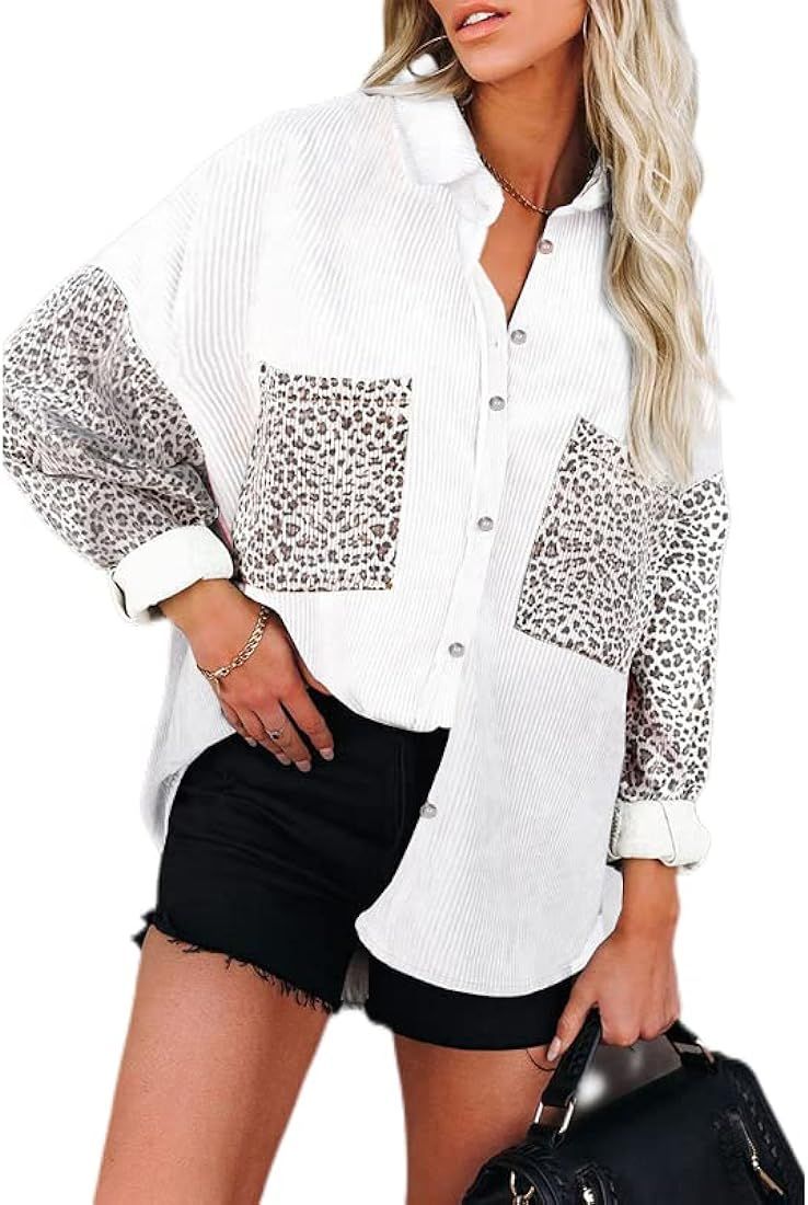 Women's Corduroy Shirts Long Sleeve Contrast Leopard Button Down Shacket Jacket Casual Warm Boyfr... | Amazon (US)