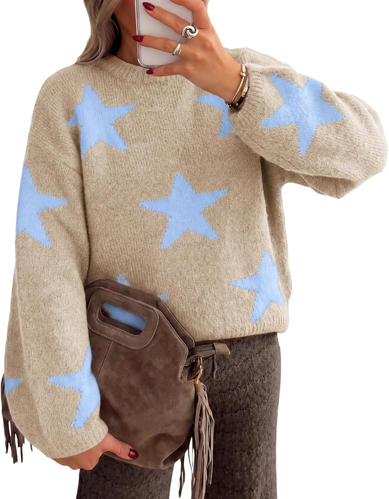 Cicy Bell Women Star Pattern Pullover Sweater Crew Neck Long Sleeve Sweater | Amazon (US)