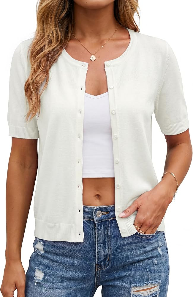 Arach&Cloz Women's Wool Blend Cropped Lightweight Short Sleeve Summer Business Casual Cardigan To... | Amazon (US)