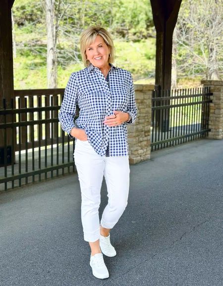 Gingham top size medium | jeans size 8 | white sneakers are a Walmart find and they’re true to size! Work outfit | women over 40 | office style 

#LTKOver40 #LTKStyleTip #LTKWorkwear
