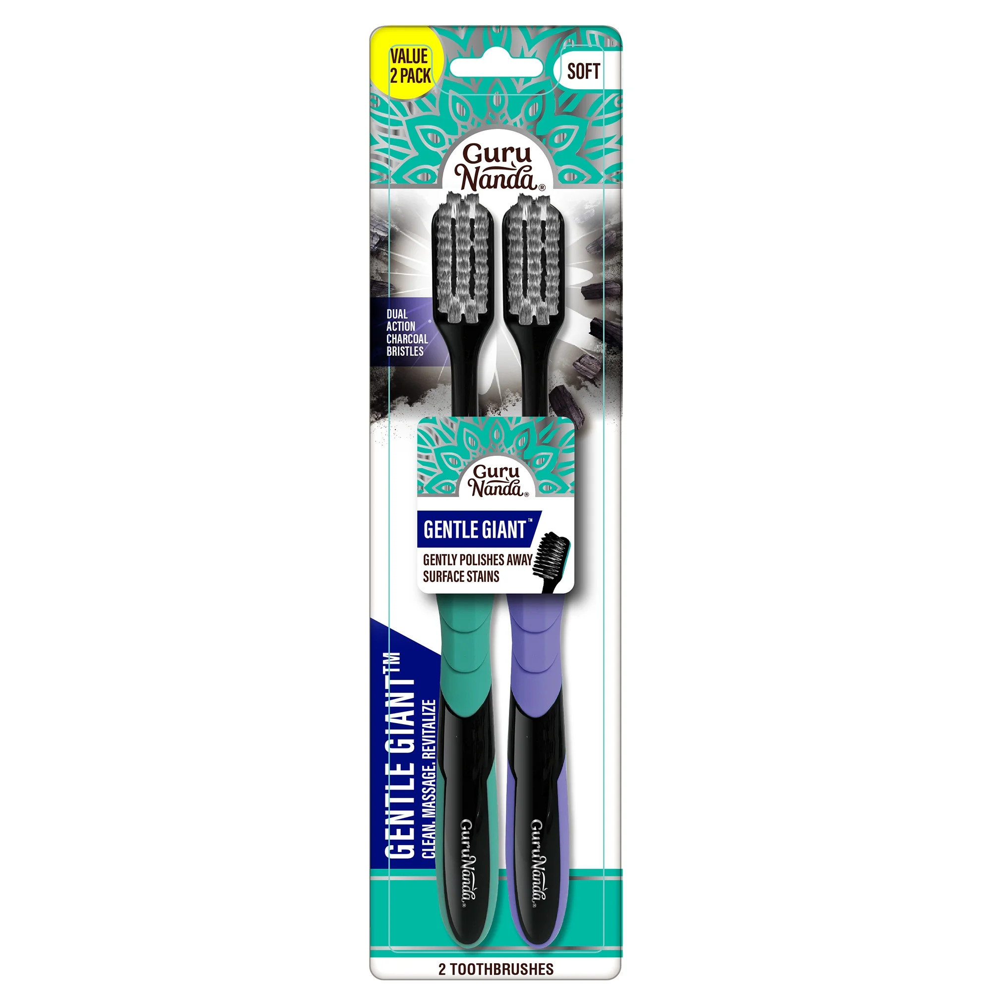 GuruNanda Gentle Giant Charcoal Toothbrush - Dual Action Flossing Spiral Bristles, Non-Slip Ergo ... | Walmart (US)