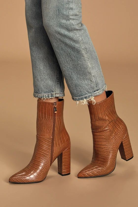 Dawson Tan Crocodilo Pointed-Toe Mid Calf Boots | Lulus (US)