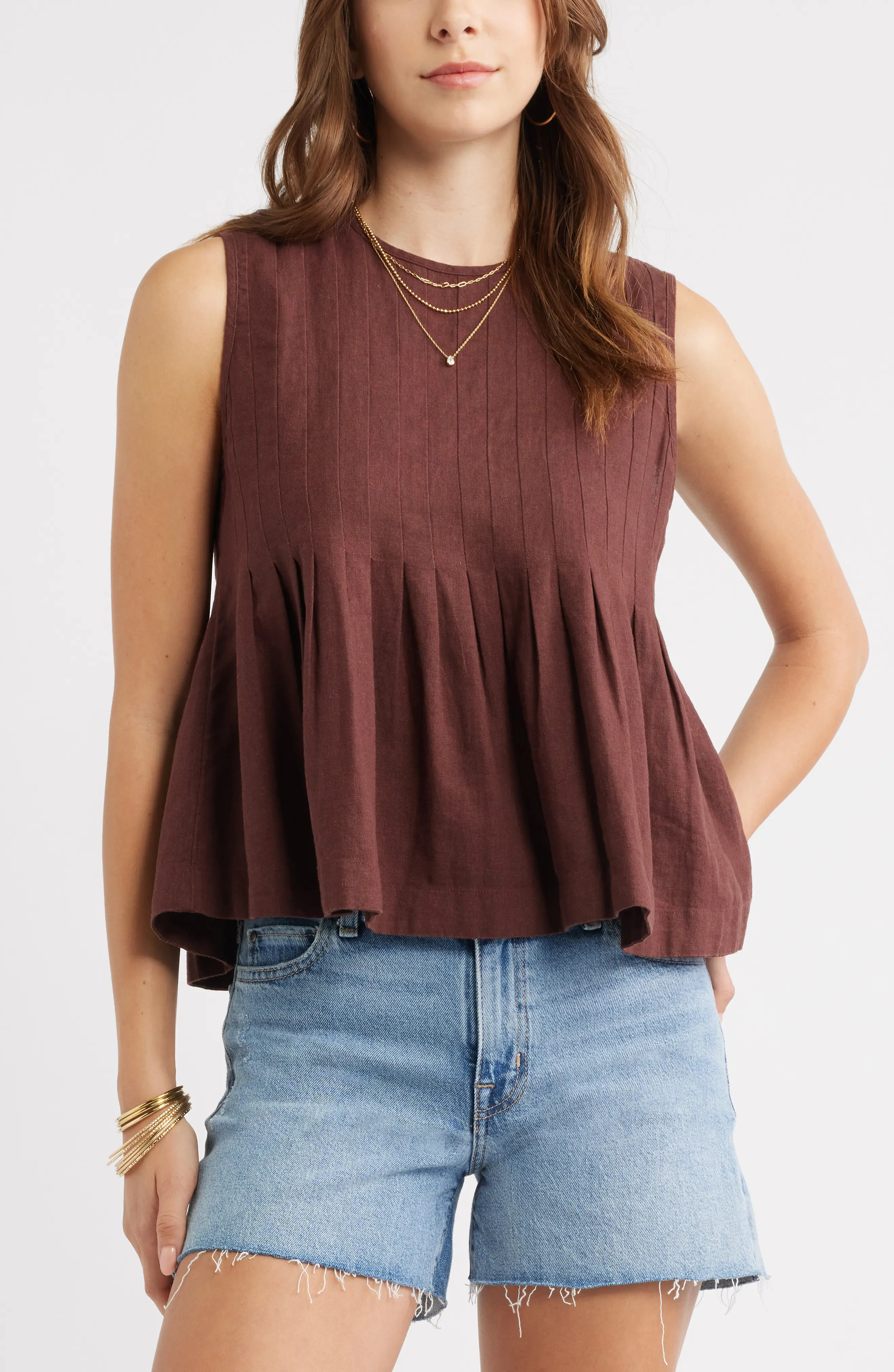 Sleeveless Pleated Linen Blend Top (Women) | Nordstrom | Nordstrom