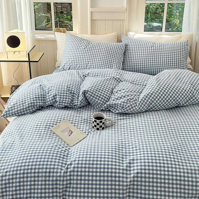 LifeTB Gingham Duvet Cover King 100% Washed Cotton Blue Plaid Duvet Cover 3 Pieces Boho Grid Comf... | Amazon (US)