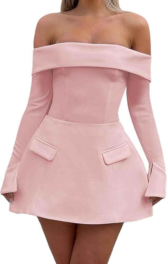 Women Sexy Mini Dress Off Shoulder Long Sleeve A Line Dress Short Formal Dresses Party Clubwear | Amazon (US)