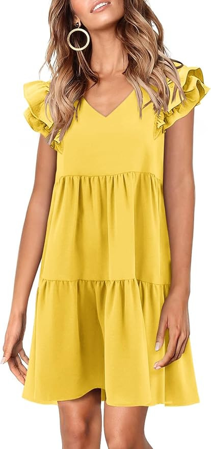 Zwurew Summer Babydoll Dresses for Women 2025 Cute Ruffle Cap Sleeve V-Neck Flowy Swing Mini Dres... | Amazon (US)