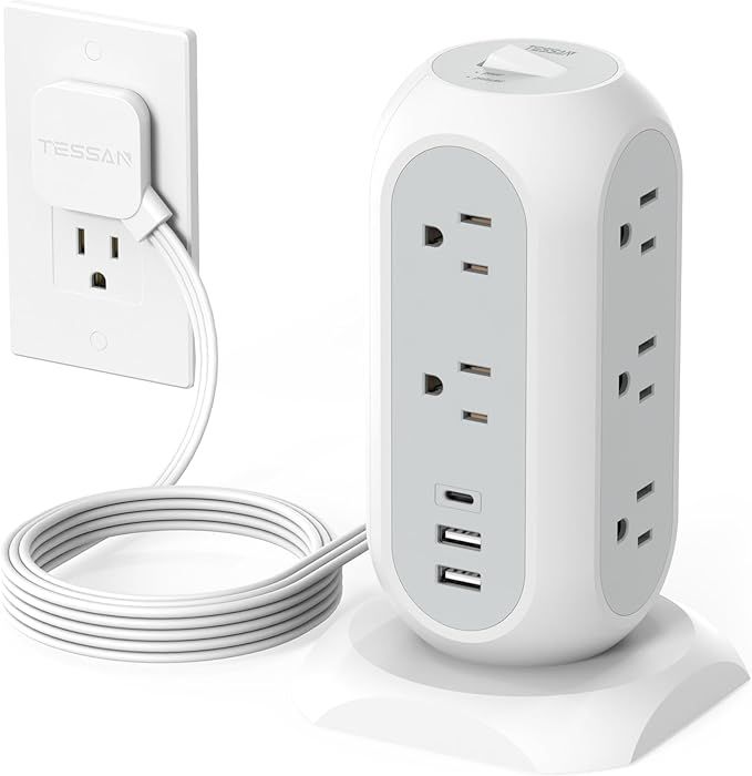 Tower Power Strip Flat Plug with 11 Outlets 3 USB (1 USB C), TESSAN Surge Protector Tower 1625W/1... | Amazon (US)