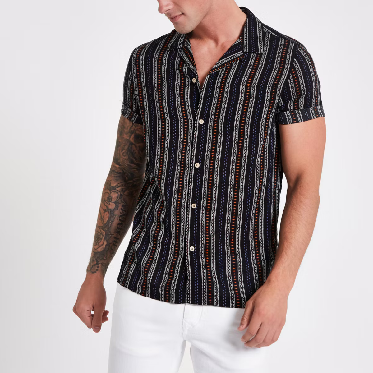 River Island Mens Black aztec stripe print revere shirt | River Island (UK & IE)