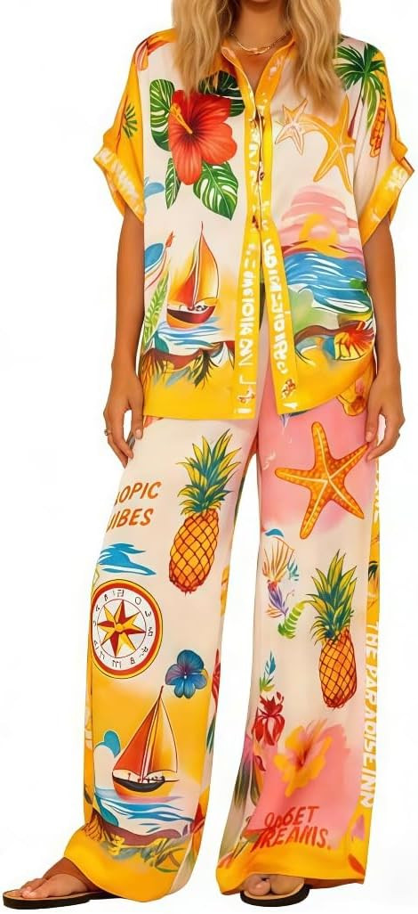 Women's Summer Print Two Piece Pajama Set Short Sleeve Outfits Button Down Tops Drawstring Long P... | Amazon (US)