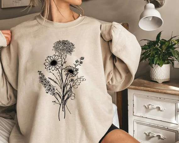 Minimalistic Flower Sweatshirt Botanical Floral Crewneck | Etsy | Etsy (US)