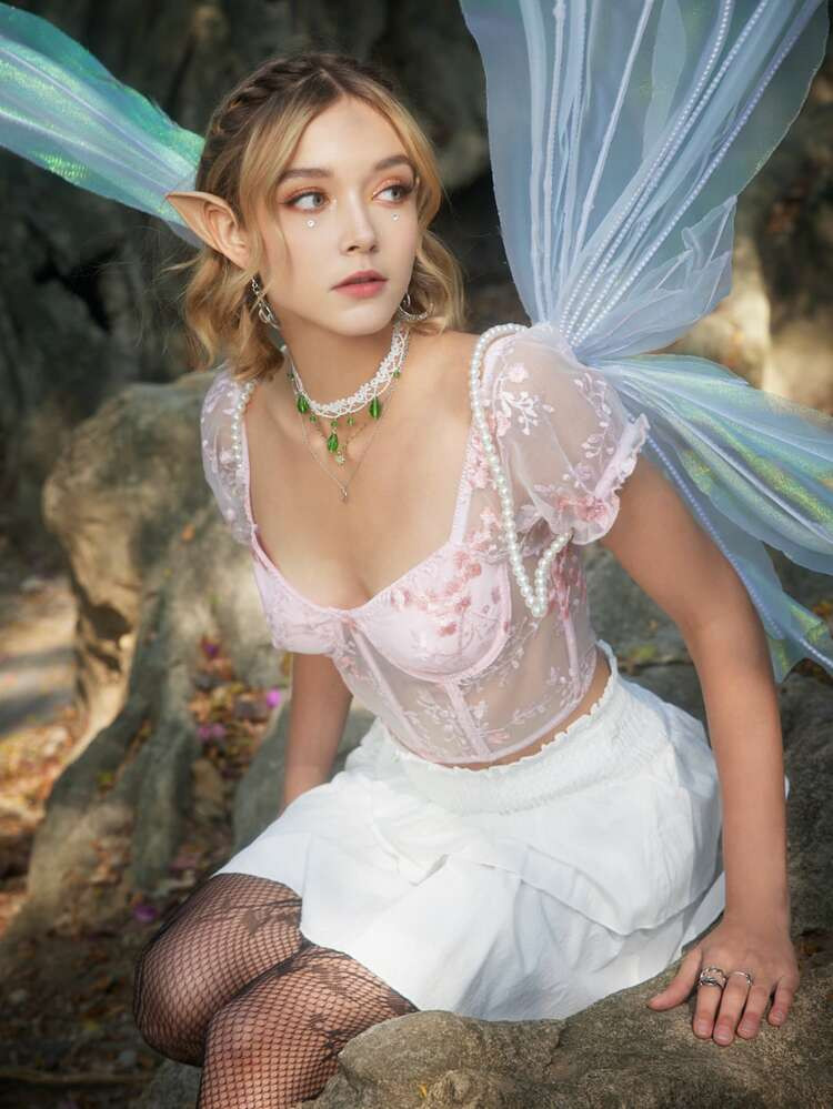 ROMWE Fairy Grunge Floral Embroidery Lace Top | SHEIN