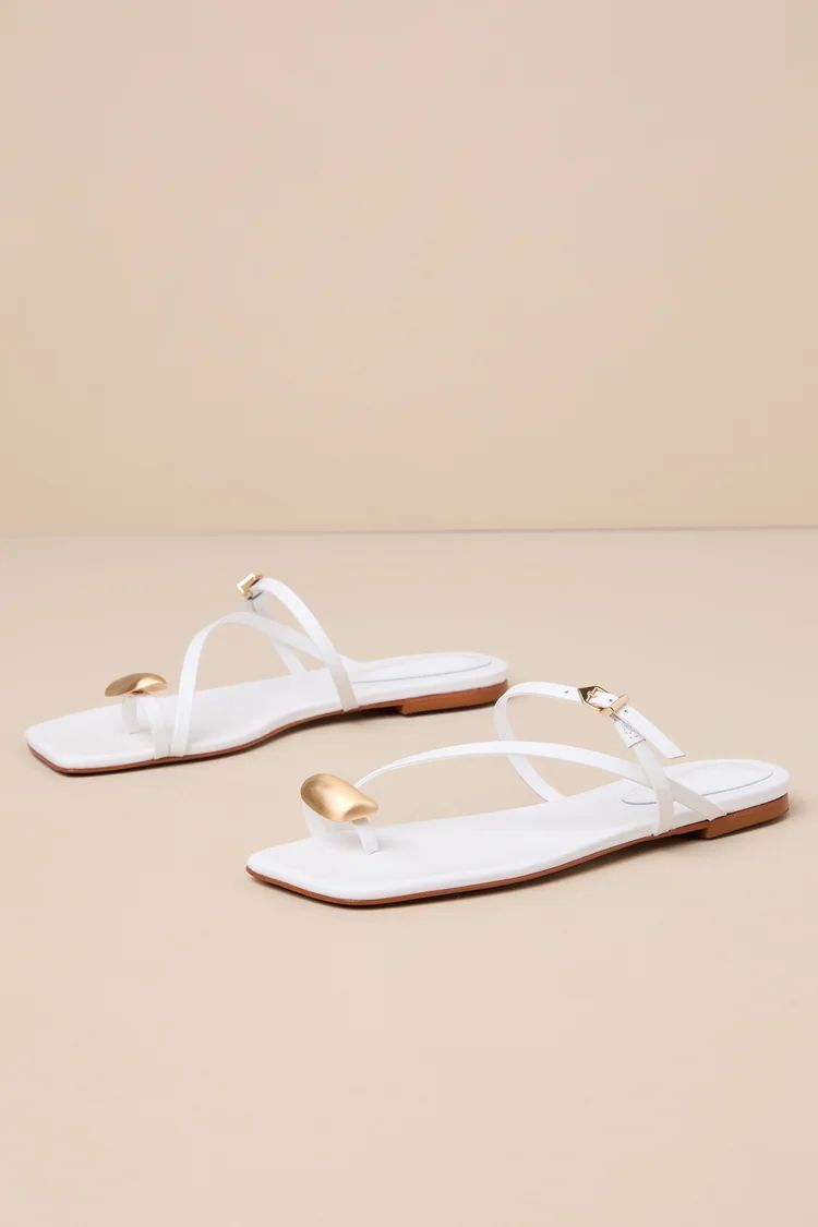 Elysa White Leather Strappy Slide Flat Sandals | Lulus