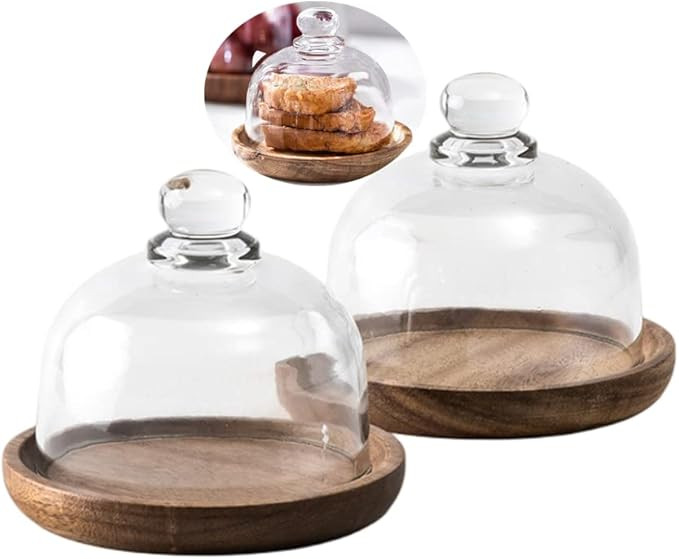 Rikyo 2 Sets Mini Cake Stand,Cake Plate Server Platter with Dome,4" Wood Cake Stand with 3.25" Gl... | Amazon (US)