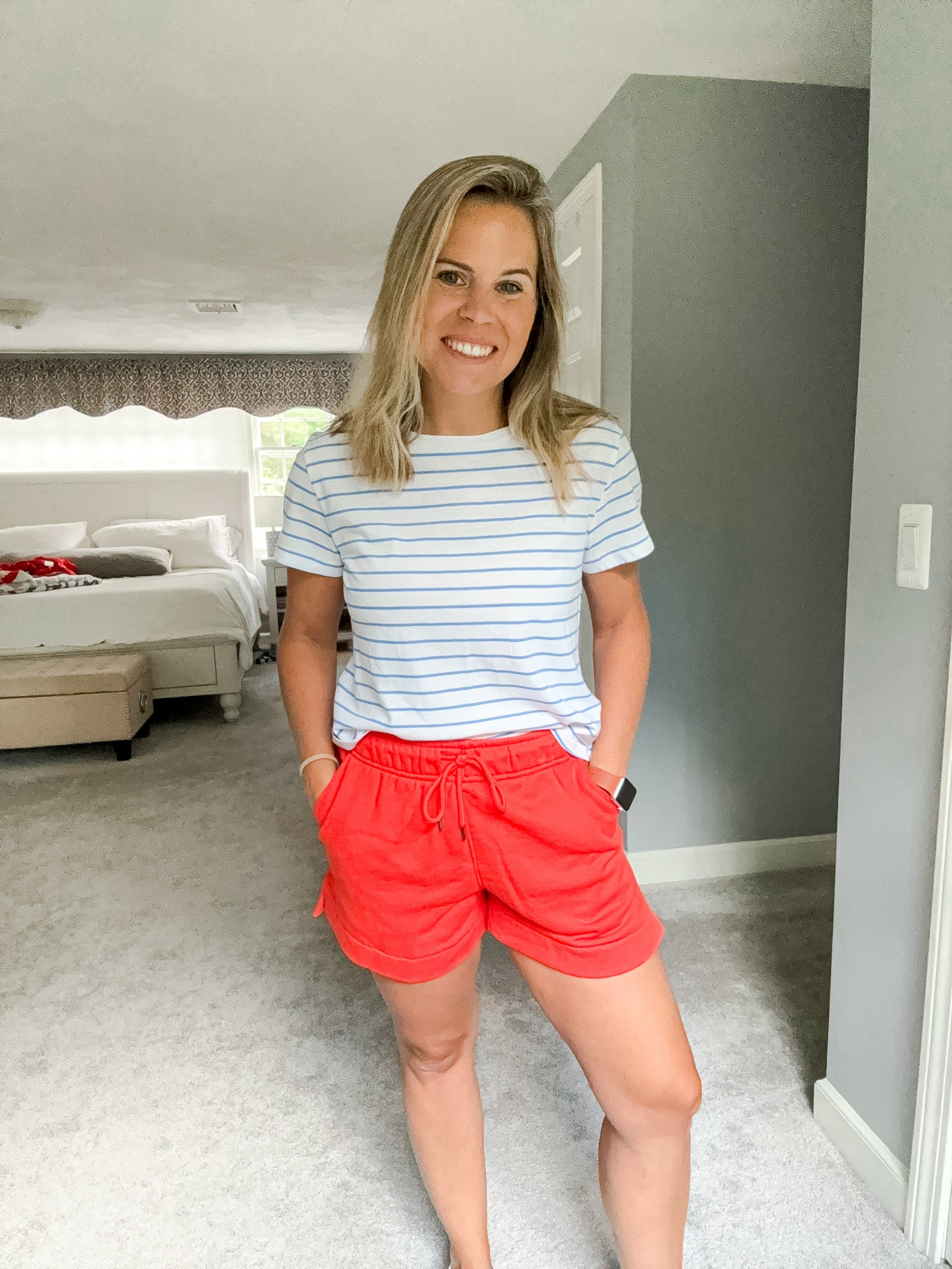 Target style, casual outfits for women, mom outfit, lounge shorts, basic tee, basic tshirt, cropped T-shirt, red white and blue outfit, 4th of July outfit, red shorts, striped shirt, 


#LTKStyleTip #LTKSummerSales #LTKSeasonal