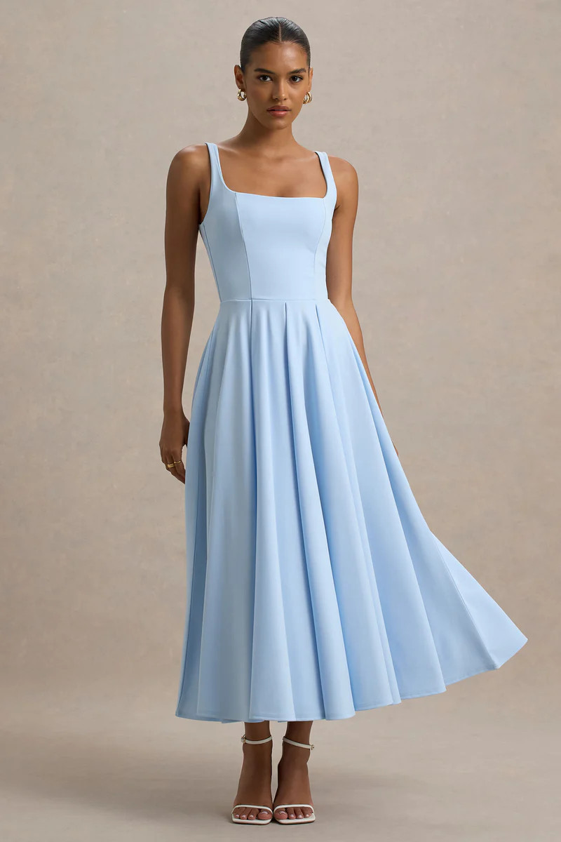 Parina | Powder Blue Strappy Volume-Hem Midi Dress | Club L London