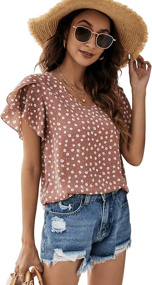 SweatyRocks Women's Ruffle Short Sleeve V Neck Shirt Floral Print Casual Blouse Top | Amazon (US)