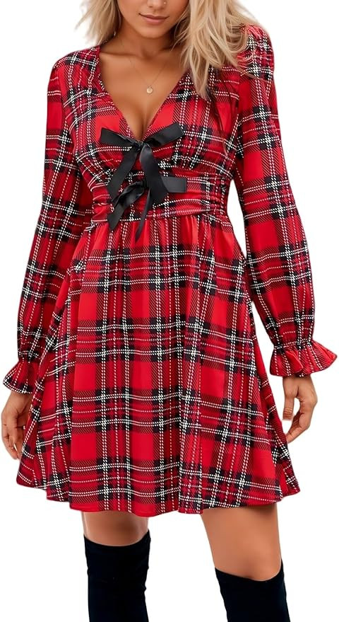 Gingham Tie Front Babydoll Mini Dress for Women Y2k Fall Casual Plaid Ruffled Puff Long Sleeve V ... | Amazon (US)