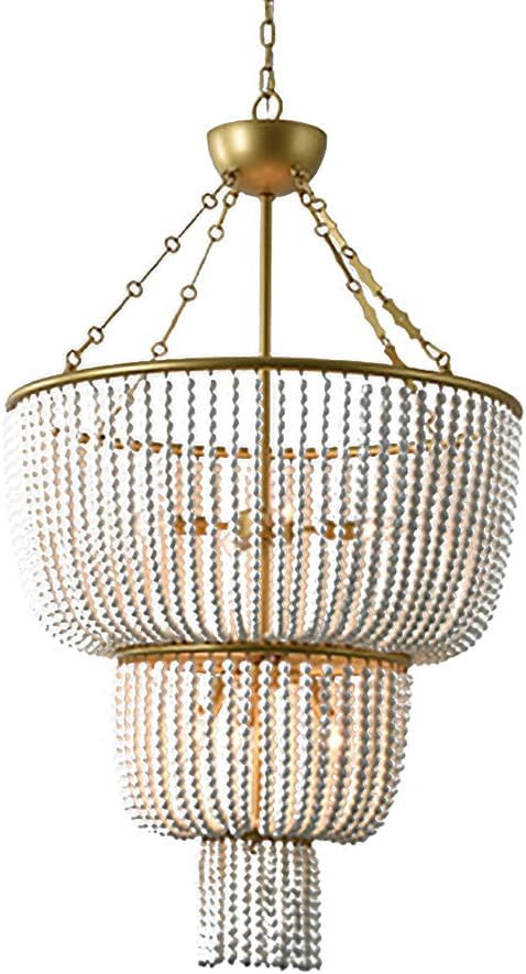 Wood Beadeds Chandelier Vintage White Pendant Light Adjustable Height Ceiling Lamp E14 Light Sour... | Amazon (US)