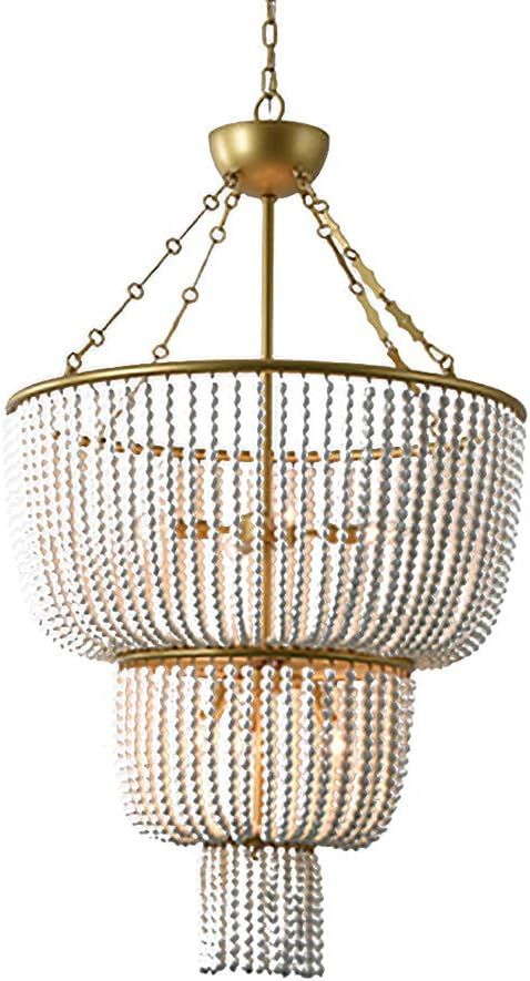 Wood Beadeds Chandelier Vintage White Pendant Light Adjustable Height Ceiling Lamp E14 Light Sour... | Amazon (US)